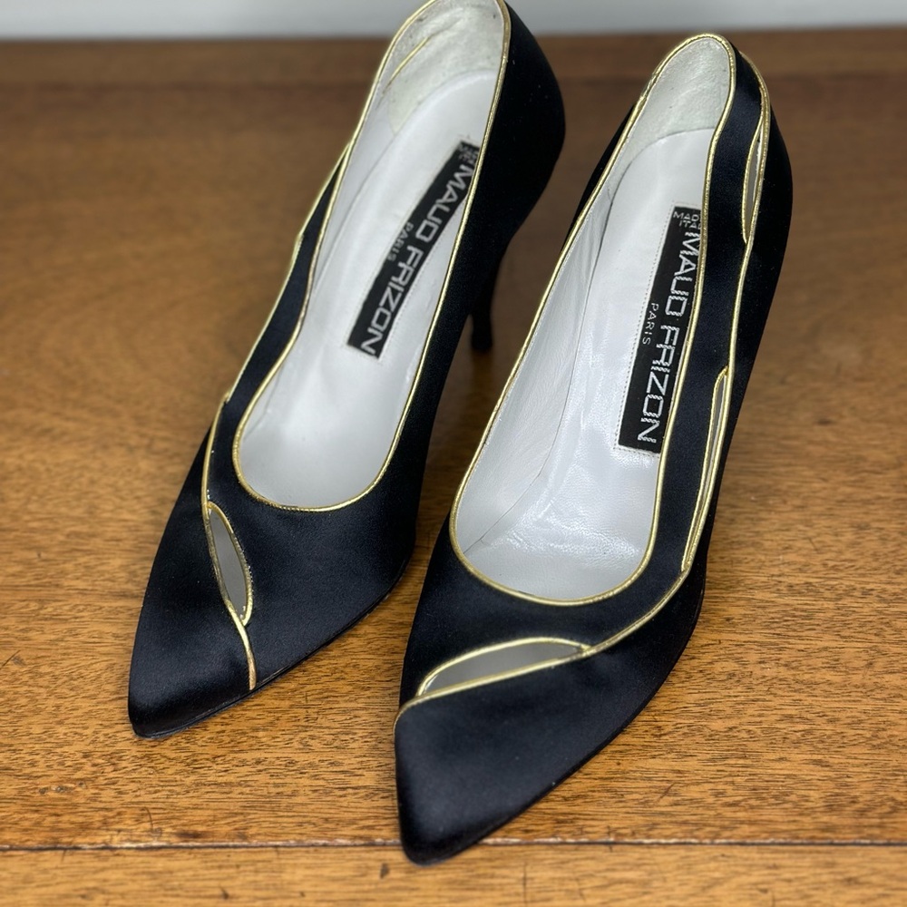 Vintage Maud Frizon Circa 1970s/80s Black and Gold Satin Heels